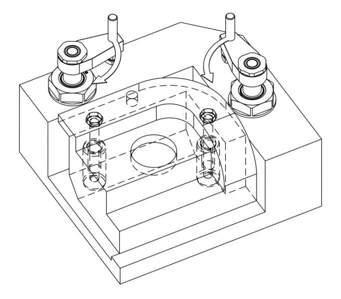 Swing clamp with threadede body for drilled channels application example